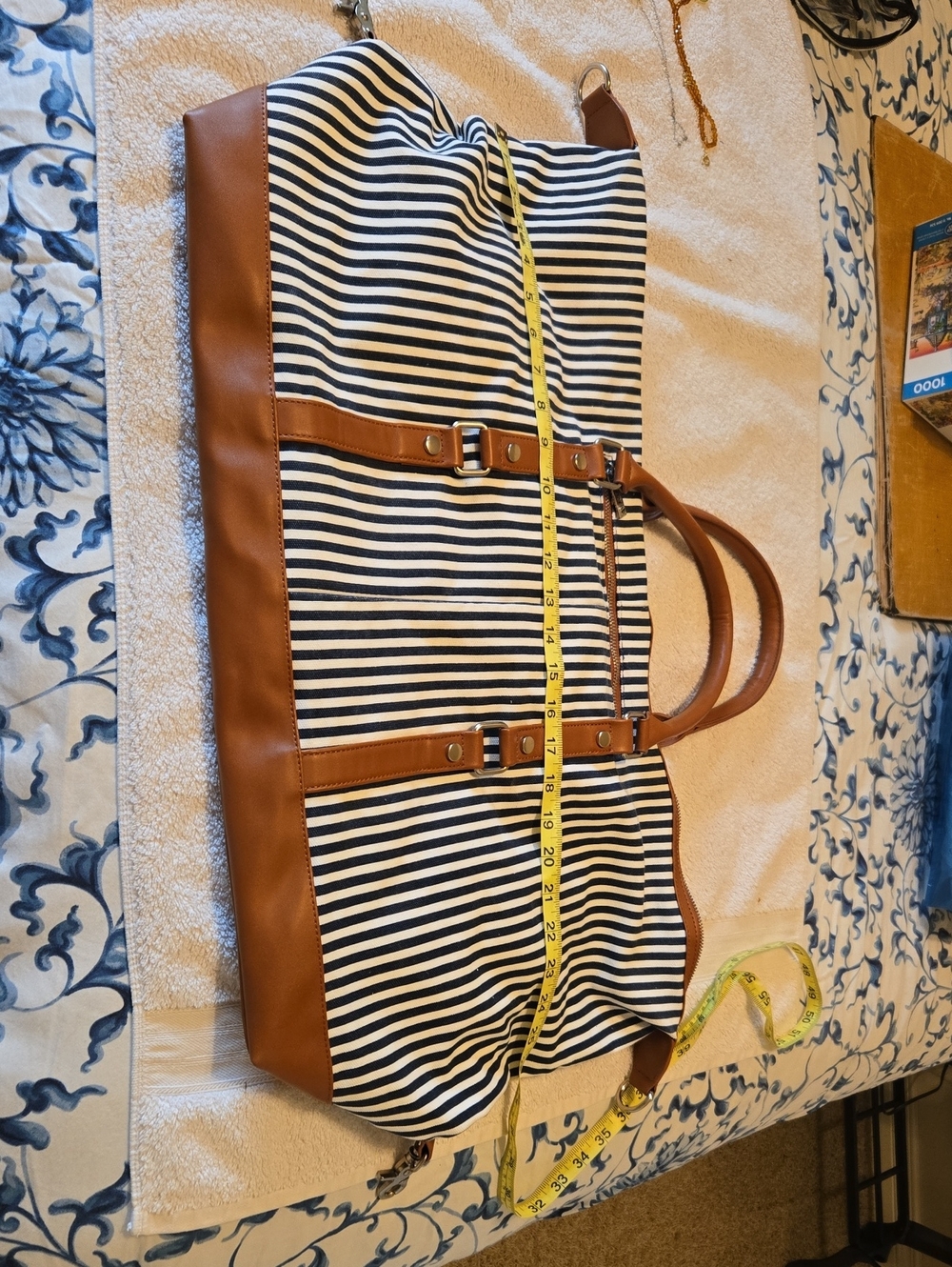 Striped Navy and White Duffel with Brown Trim - Travel Tote